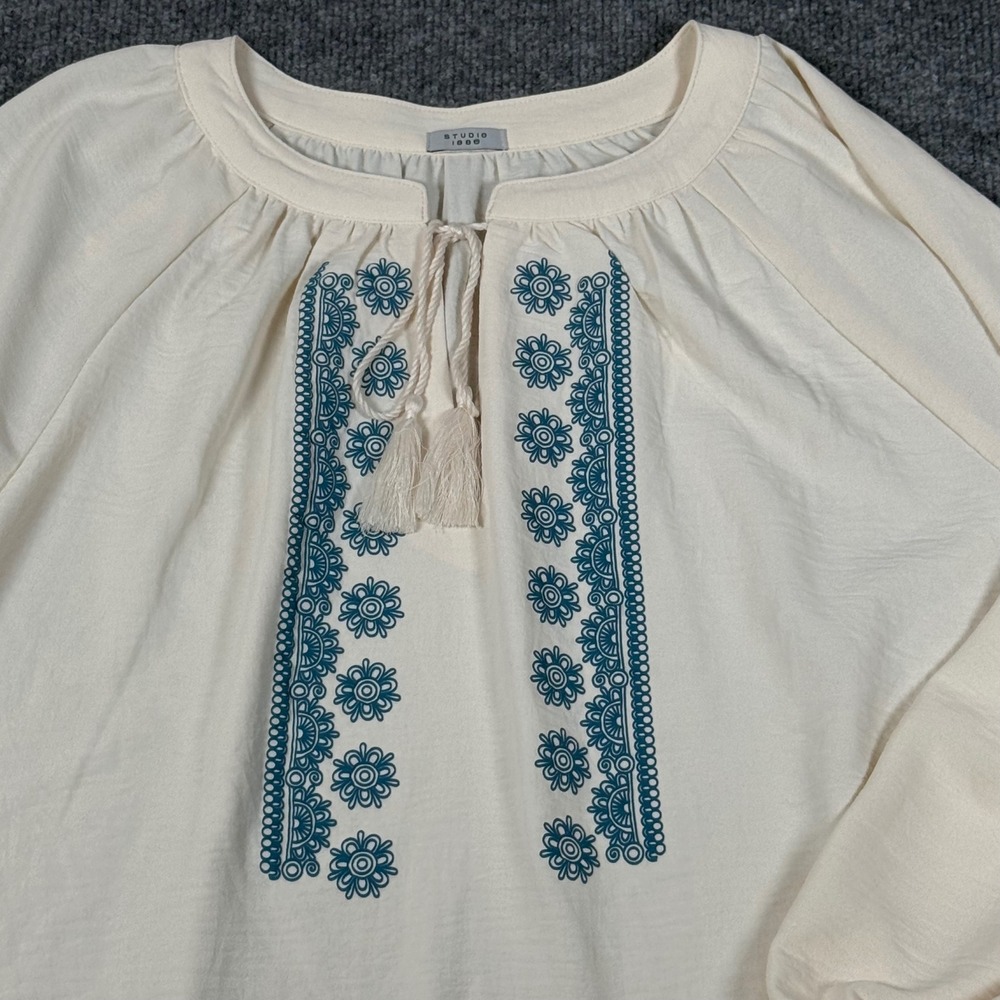 Peasant Tunic Blouse XL Cream Embroidered Tassel Flowy Balloon Sleeve Boho Folk